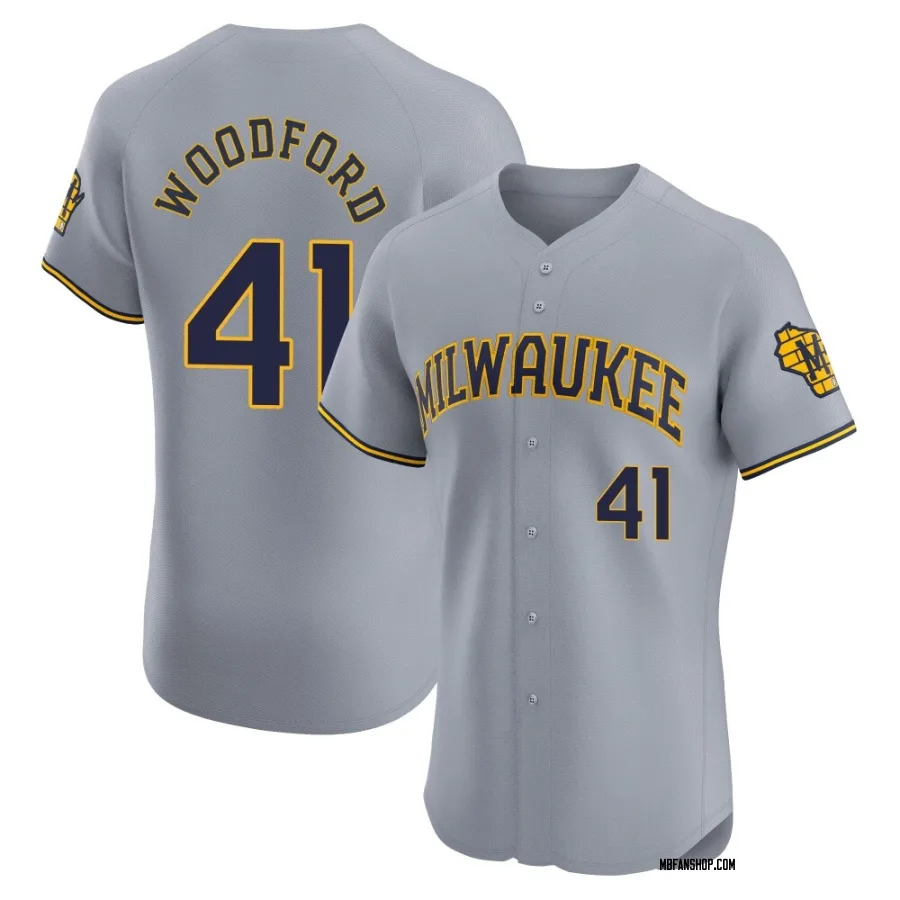 Elite Men's Jake Woodford Milwaukee Brewers Road Jersey - Gray