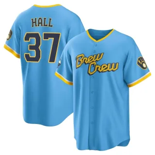 Replica Men's DL Hall Milwaukee Brewers Powder 2022 City Connect Jersey - Blue