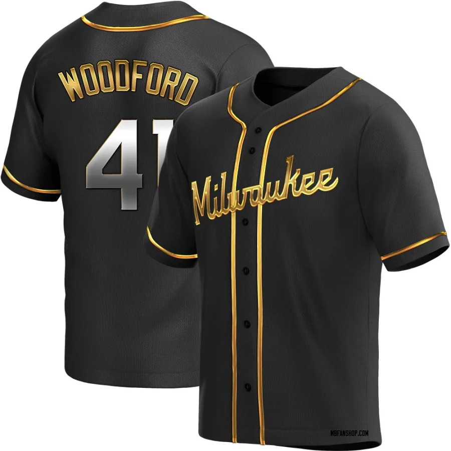 Replica Men's Jake Woodford Milwaukee Brewers Alternate Jersey - Black Golden