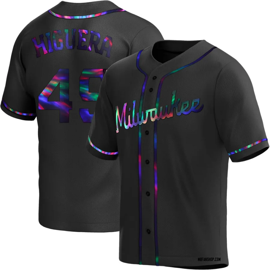 Replica Men's Teddy Higuera Milwaukee Brewers Alternate Jersey - Black Holographic