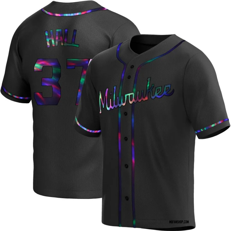 Replica Youth DL Hall Milwaukee Brewers Alternate Jersey - Black Holographic