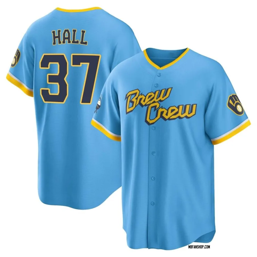 Replica Youth DL Hall Milwaukee Brewers Powder 2022 City Connect Jersey - Blue