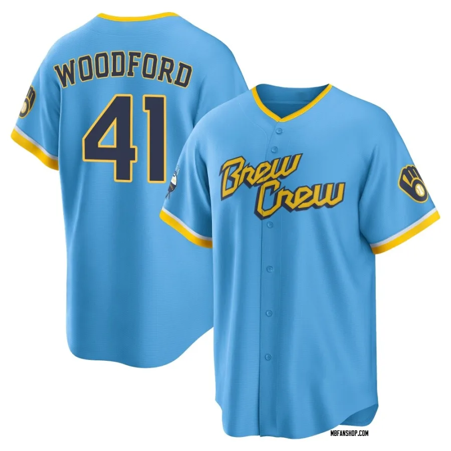 Replica Youth Jake Woodford Milwaukee Brewers Powder 2022 City Connect Jersey - Blue